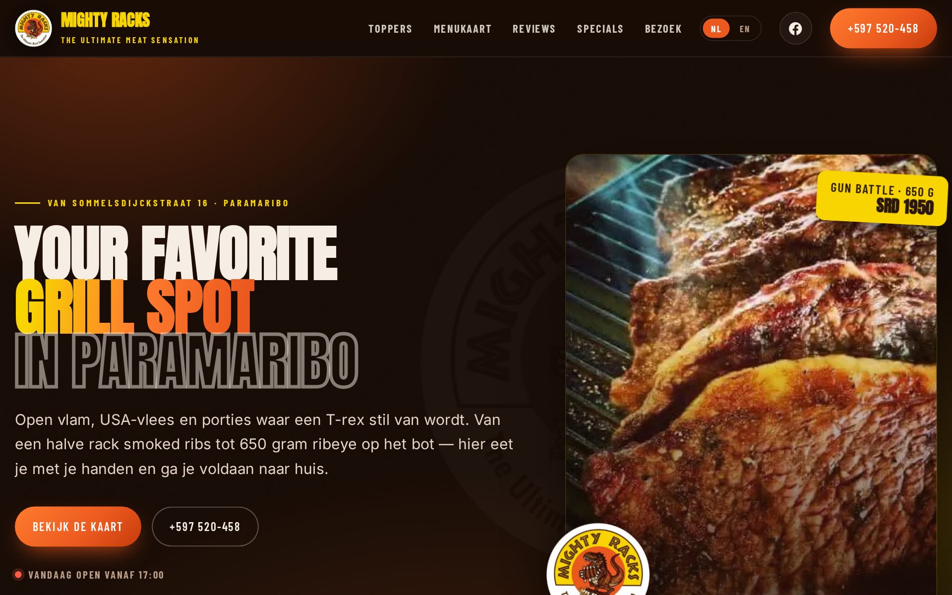 De website van Mighty Racks: een donkere pagina met de tekst The Ultimate Meat Sensation en de menukaart.
